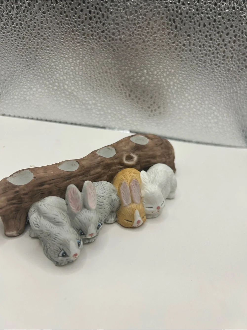 Vintage 1986 WNS Taiwan porcelain candle holder hand-painted bunnies Rustic Log